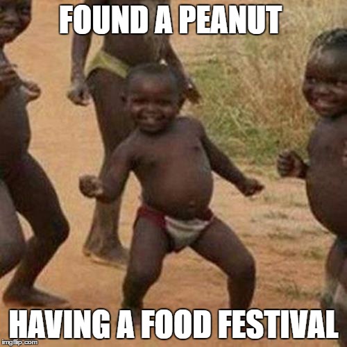 Third World Success Kid Meme | FOUND A PEANUT; HAVING A FOOD FESTIVAL | image tagged in memes,third world success kid | made w/ Imgflip meme maker
