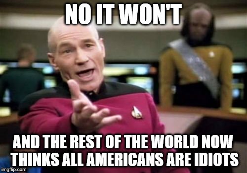 Picard Wtf Meme | NO IT WON'T AND THE REST OF THE WORLD NOW THINKS ALL AMERICANS ARE IDIOTS | image tagged in memes,picard wtf | made w/ Imgflip meme maker