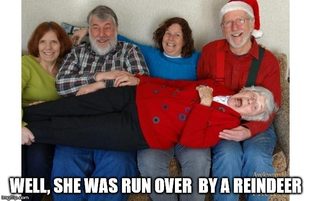 WELL, SHE WAS RUN OVER  BY A REINDEER | image tagged in grandma | made w/ Imgflip meme maker