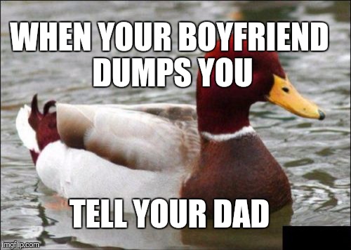 Malicious advice mallard | WHEN YOUR BOYFRIEND DUMPS YOU; TELL YOUR DAD | image tagged in memes,malicious advice mallard | made w/ Imgflip meme maker