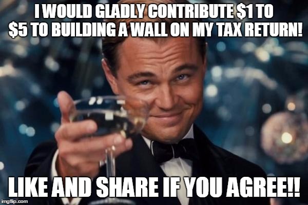 Leonardo Dicaprio Cheers Meme | I WOULD GLADLY CONTRIBUTE $1 TO $5 TO BUILDING A WALL ON MY TAX RETURN! LIKE AND SHARE IF YOU AGREE!! | image tagged in memes,leonardo dicaprio cheers | made w/ Imgflip meme maker