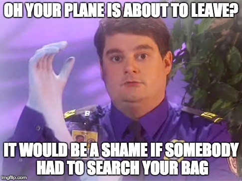 TSA Douche | OH YOUR PLANE IS ABOUT TO LEAVE? IT WOULD BE A SHAME IF SOMEBODY HAD TO SEARCH YOUR BAG | image tagged in memes,tsa douche | made w/ Imgflip meme maker