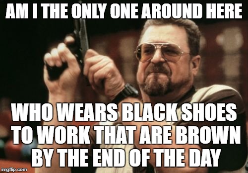 Am I The Only One Around Here | AM I THE ONLY ONE AROUND HERE; WHO WEARS BLACK SHOES TO WORK THAT ARE BROWN BY THE END OF THE DAY | image tagged in memes,am i the only one around here | made w/ Imgflip meme maker