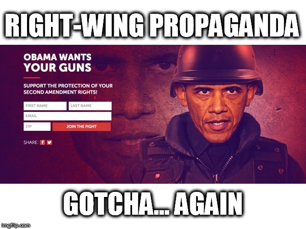 Teabillies will believe anything, except the truth. | RIGHT-WING PROPAGANDA; GOTCHA... AGAIN | image tagged in guns,obama,tea party,nra,fools,ignorant | made w/ Imgflip meme maker