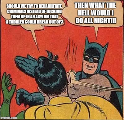 The system works | SHOULD WE TRY TO REHABILITATE CRIMINALS INSTEAD OF LOCKING THEM UP IN AN ASYLUM THAT A TODDLER COULD BREAK OUT OF? THEN WHAT THE HELL WOULD I DO ALL NIGHT!!! | image tagged in memes,batman slapping robin,funny memes,batman | made w/ Imgflip meme maker