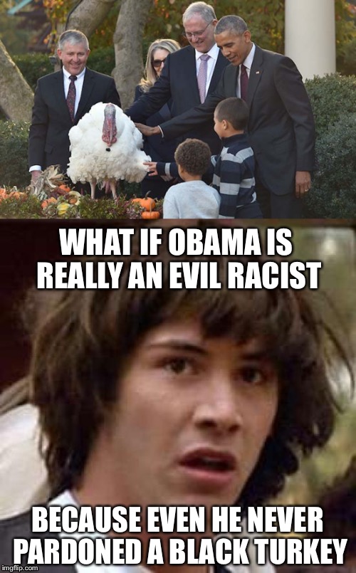 Every Year. A White Turkey is Pardoned. | WHAT IF OBAMA IS REALLY AN EVIL RACIST; BECAUSE EVEN HE NEVER PARDONED A BLACK TURKEY | image tagged in obama,thanksgiving,conspiracy keanu,memes | made w/ Imgflip meme maker