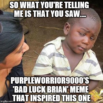 Third World Skeptical Kid Meme | SO WHAT YOU'RE TELLING ME IS THAT YOU SAW.... PURPLEWORRIOR9000'S 'BAD LUCK BRIAN' MEME  THAT INSPIRED THIS ONE | image tagged in memes,third world skeptical kid | made w/ Imgflip meme maker