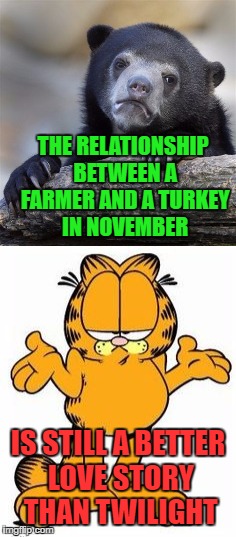 But srsly tho | THE RELATIONSHIP BETWEEN A FARMER AND A TURKEY IN NOVEMBER; IS STILL A BETTER LOVE STORY THAN TWILIGHT | image tagged in awkward confession,garfield,still a better love story than twilight | made w/ Imgflip meme maker