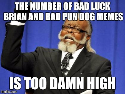 So many memes to choose from | THE NUMBER OF BAD LUCK BRIAN AND BAD PUN DOG MEMES; IS TOO DAMN HIGH | image tagged in memes,too damn high,bad pun dog,bad luck brian | made w/ Imgflip meme maker