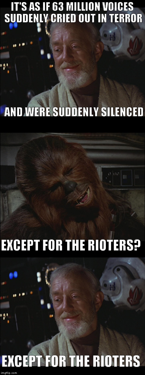 IT'S AS IF 63 MILLION VOICES SUDDENLY CRIED OUT IN TERROR AND WERE SUDDENLY SILENCED EXCEPT FOR THE RIOTERS? EXCEPT FOR THE RIOTERS | made w/ Imgflip meme maker