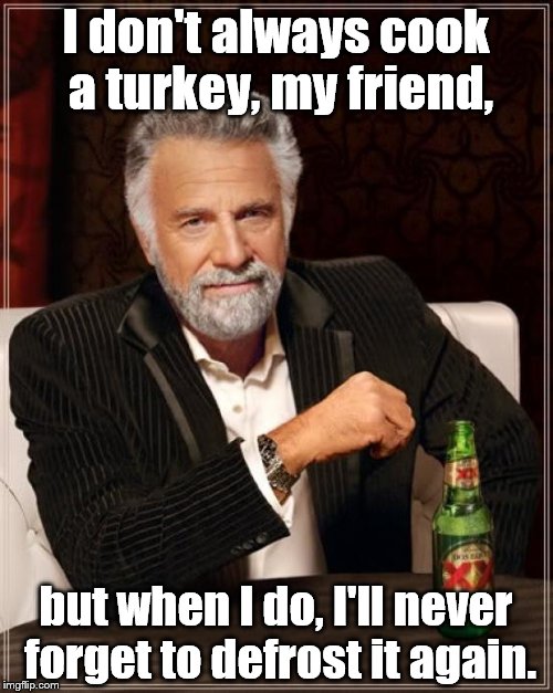 The Most Interesting Man In The World Meme | I don't always cook a turkey, my friend, but when I do, I'll never forget to defrost it again. | image tagged in memes,the most interesting man in the world | made w/ Imgflip meme maker