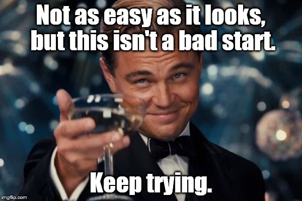 Leonardo Dicaprio Cheers Meme | Not as easy as it looks, but this isn't a bad start. Keep trying. | image tagged in memes,leonardo dicaprio cheers | made w/ Imgflip meme maker