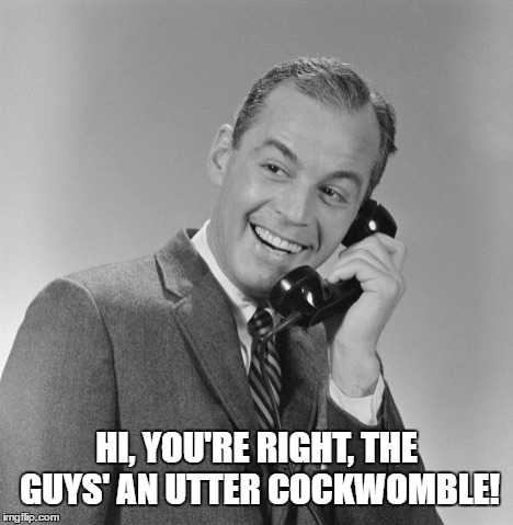 Cockwomble  | HI, YOU'RE RIGHT, THE GUYS' AN UTTER COCKWOMBLE! | image tagged in cock,phone,old fashioned,womble,black and white,50's | made w/ Imgflip meme maker