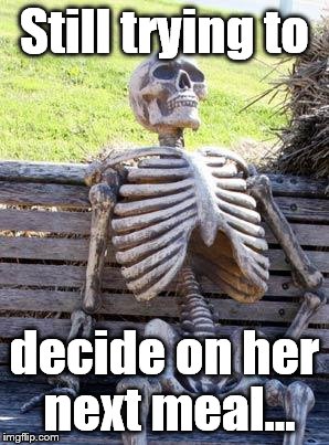 Waiting Skeleton Meme | Still trying to decide on her next meal... | image tagged in memes,waiting skeleton | made w/ Imgflip meme maker