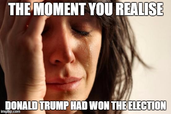 First World Problems Meme | THE MOMENT YOU REALISE; DONALD TRUMP HAD WON THE ELECTION | image tagged in memes,first world problems | made w/ Imgflip meme maker
