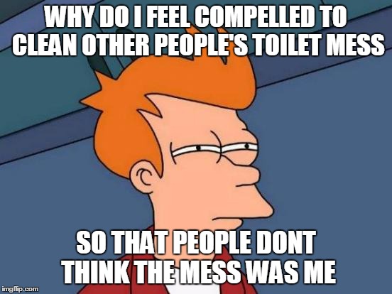 Futurama Fry Meme | WHY DO I FEEL COMPELLED TO CLEAN OTHER PEOPLE'S TOILET MESS SO THAT PEOPLE DONT THINK THE MESS WAS ME | image tagged in memes,futurama fry | made w/ Imgflip meme maker