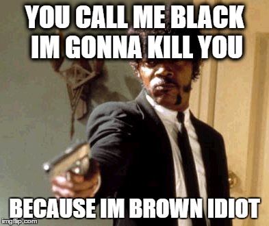 Say That Again I Dare You | YOU CALL ME BLACK IM GONNA KILL YOU; BECAUSE IM BROWN IDIOT | image tagged in memes,say that again i dare you | made w/ Imgflip meme maker