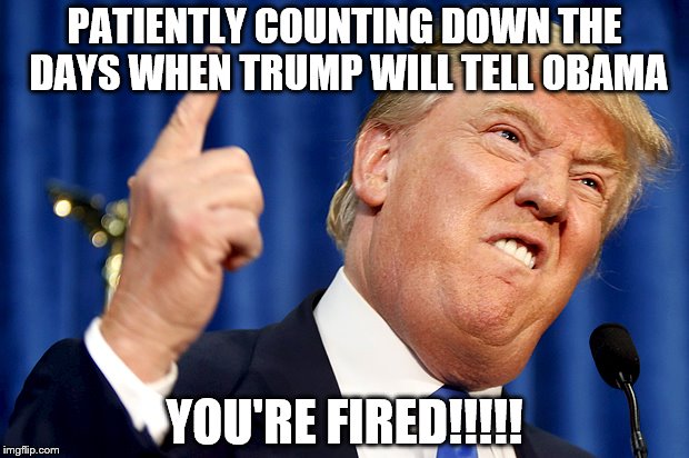 Donald Trump | PATIENTLY COUNTING DOWN THE DAYS WHEN TRUMP WILL TELL OBAMA; YOU'RE FIRED!!!!! | image tagged in donald trump | made w/ Imgflip meme maker