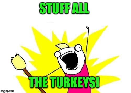 Happy Thanksgiving to my ImgFlip family! Maybe next year I'll cook for us all. (LOL)  | STUFF ALL; THE TURKEYS! | image tagged in memes,x all the y | made w/ Imgflip meme maker