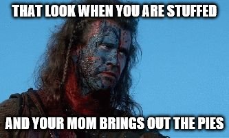 THAT LOOK WHEN YOU ARE STUFFED; AND YOUR MOM BRINGS OUT THE PIES | image tagged in braveheart | made w/ Imgflip meme maker