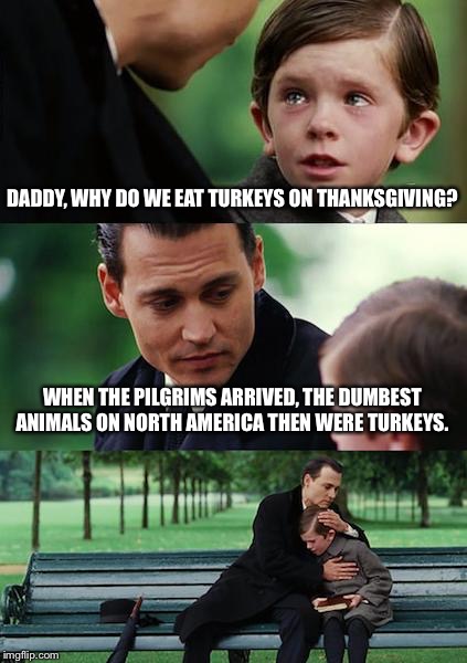 Finding Neverland Meme | DADDY, WHY DO WE EAT TURKEYS ON THANKSGIVING? WHEN THE PILGRIMS ARRIVED, THE DUMBEST ANIMALS ON NORTH AMERICA THEN WERE TURKEYS. | image tagged in memes,finding neverland | made w/ Imgflip meme maker