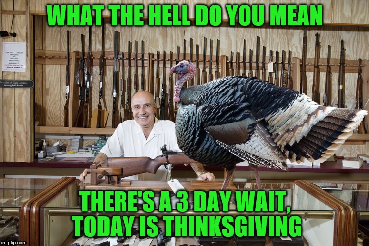 Sometimes you just can't wait, happy Thanksgiving all! | WHAT THE HELL DO YOU MEAN; THERE'S A 3 DAY WAIT, TODAY IS THINKSGIVING | image tagged in happy thanksgiving,memes,turkey | made w/ Imgflip meme maker
