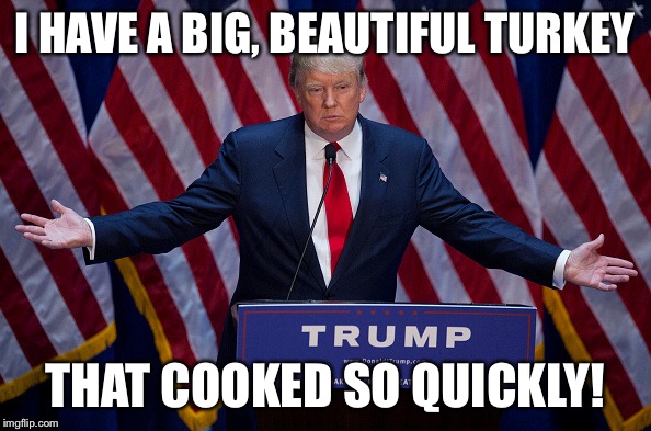 Donald Trump | I HAVE A BIG, BEAUTIFUL TURKEY; THAT COOKED SO QUICKLY! | image tagged in donald trump | made w/ Imgflip meme maker