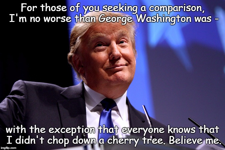 George Washington - really?
 | For those of you seeking a comparison, I'm no worse than George Washington was -; with the exception that everyone knows that I didn't chop down a cherry tree. Believe me. | image tagged in donald trump no2 | made w/ Imgflip meme maker