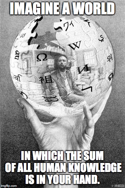 WikiSphere | IMAGINE A WORLD; IN WHICH THE SUM OF ALL HUMAN KNOWLEDGE IS IN YOUR HAND. | image tagged in wikisphere,memes | made w/ Imgflip meme maker