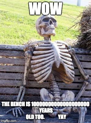 Waiting Skeleton Meme | WOW; THE BENCH IS 10000000000000000000 YEARS OLD TOO.              YAY | image tagged in memes,waiting skeleton | made w/ Imgflip meme maker