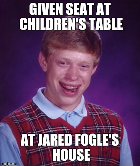 Bad Luck Brian Meme | GIVEN SEAT AT CHILDREN'S TABLE AT JARED FOGLE'S HOUSE | image tagged in memes,bad luck brian | made w/ Imgflip meme maker