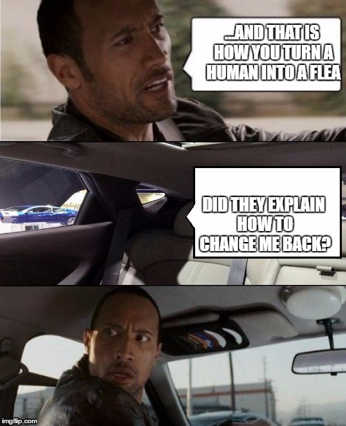 The Rock Driving Blank 2 | ...AND THAT IS HOW YOU TURN A HUMAN INTO A FLEA; DID THEY EXPLAIN HOW TO CHANGE ME BACK? | image tagged in the rock driving blank 2 | made w/ Imgflip meme maker