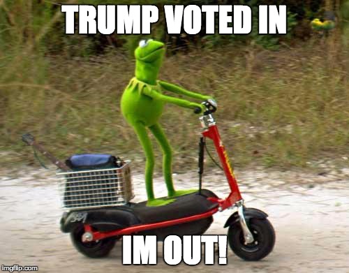 Kermit scooter | TRUMP VOTED IN; IM OUT! | image tagged in kermit scooter | made w/ Imgflip meme maker