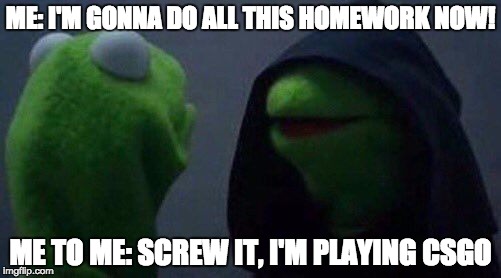 kermit me to me | ME: I'M GONNA DO ALL THIS HOMEWORK NOW! ME TO ME: SCREW IT, I'M PLAYING CSGO | image tagged in kermit me to me | made w/ Imgflip meme maker