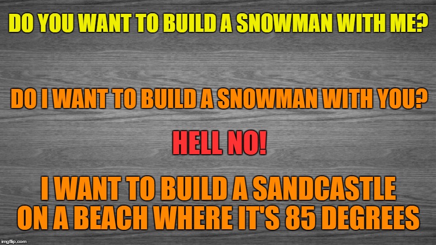 The Problem With Winter | DO YOU WANT TO BUILD A SNOWMAN WITH ME? DO I WANT TO BUILD A SNOWMAN WITH YOU? HELL NO! I WANT TO BUILD A SANDCASTLE ON A BEACH WHERE IT'S 85 DEGREES | image tagged in winter is here,winter,i hate the cold,some beach somwhere,warm weather | made w/ Imgflip meme maker