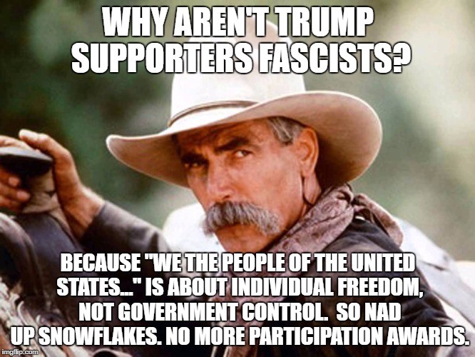 Sam Elliott Cowboy | WHY AREN'T TRUMP SUPPORTERS FASCISTS? BECAUSE "WE THE PEOPLE OF THE UNITED STATES..." IS ABOUT INDIVIDUAL FREEDOM, NOT GOVERNMENT CONTROL.  SO NAD UP SNOWFLAKES. NO MORE PARTICIPATION AWARDS. | image tagged in sam elliott cowboy | made w/ Imgflip meme maker