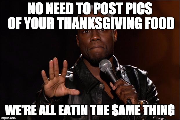 KEVIN HEART | NO NEED TO POST PICS OF YOUR THANKSGIVING FOOD; WE'RE ALL EATIN THE SAME THING | image tagged in kevin heart | made w/ Imgflip meme maker