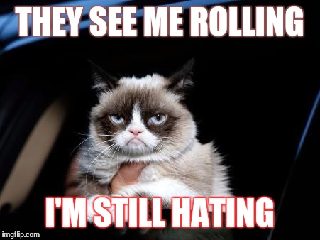 Grumpy Cat | THEY SEE ME ROLLING; I'M STILL HATING | image tagged in grumpy cat | made w/ Imgflip meme maker
