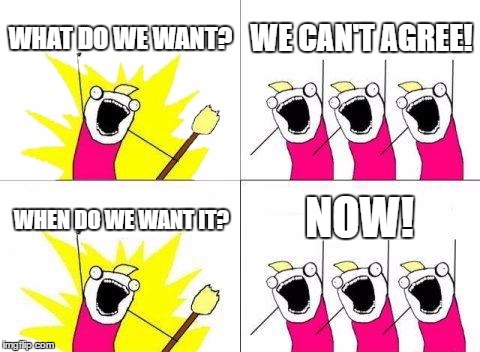Democracy | WHAT DO WE WANT? WE CAN'T AGREE! NOW! WHEN DO WE WANT IT? | image tagged in memes,what do we want | made w/ Imgflip meme maker