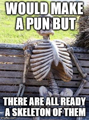 Waiting Skeleton | WOULD MAKE A PUN BUT; THERE ARE ALL READY A SKELETON OF THEM | image tagged in memes,waiting skeleton | made w/ Imgflip meme maker