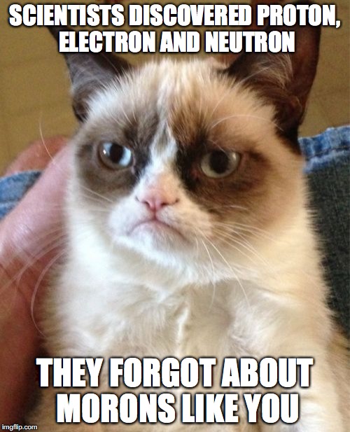 proton, electron, neutron, and moron | SCIENTISTS DISCOVERED PROTON, ELECTRON AND NEUTRON; THEY FORGOT ABOUT MORONS LIKE YOU | image tagged in memes,grumpy cat | made w/ Imgflip meme maker