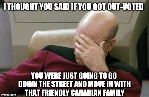 Captain Picard Facepalm Meme | I THOUGHT YOU SAID IF YOU GOT OUT-VOTED; YOU WERE JUST GOING TO GO DOWN THE STREET AND MOVE IN WITH THAT FRIENDLY CANADIAN FAMILY | image tagged in memes,captain picard facepalm | made w/ Imgflip meme maker