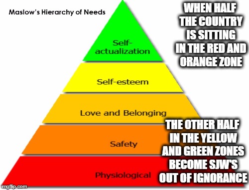 WHEN HALF THE COUNTRY IS SITTING IN THE RED AND ORANGE ZONE THE OTHER HALF IN THE YELLOW AND GREEN ZONES BECOME SJW'S OUT OF IGNORANCE | made w/ Imgflip meme maker