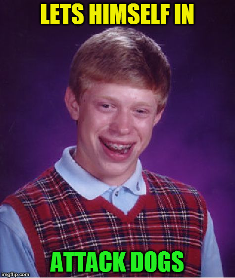 Bad Luck Brian Meme | LETS HIMSELF IN ATTACK DOGS | image tagged in memes,bad luck brian | made w/ Imgflip meme maker