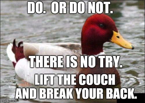 Malicious Advice Mallard Meme | DO.  OR DO NOT. THERE IS NO TRY. LIFT THE COUCH AND BREAK YOUR BACK. | image tagged in memes,malicious advice mallard | made w/ Imgflip meme maker