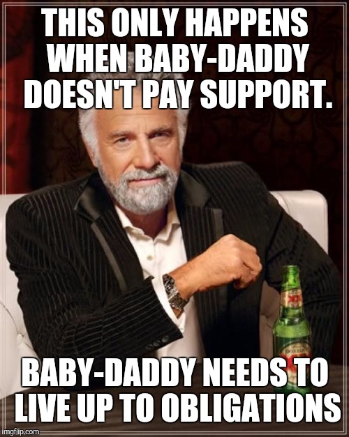 The Most Interesting Man In The World Meme | THIS ONLY HAPPENS WHEN BABY-DADDY DOESN'T PAY SUPPORT. BABY-DADDY NEEDS TO LIVE UP TO OBLIGATIONS | image tagged in memes,the most interesting man in the world | made w/ Imgflip meme maker