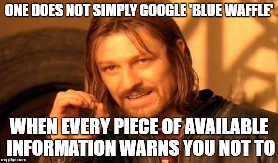 One Does Not Simply Meme | ONE DOES NOT SIMPLY GOOGLE 'BLUE WAFFLE' WHEN EVERY PIECE OF AVAILABLE INFORMATION WARNS YOU NOT TO | image tagged in memes,one does not simply | made w/ Imgflip meme maker