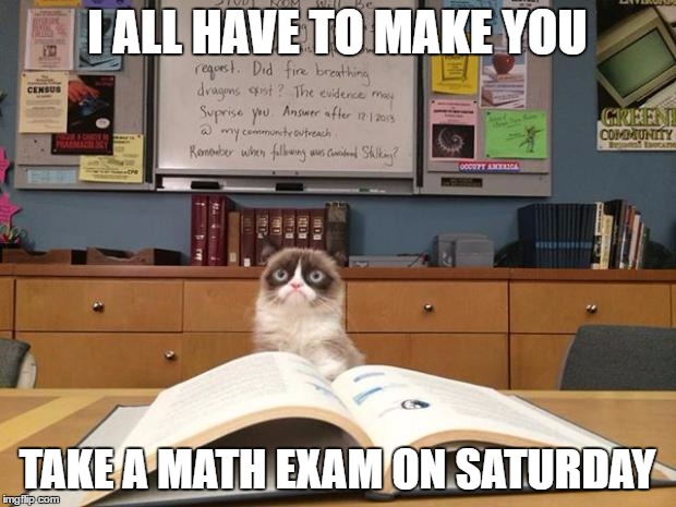 Grumpy Cat Evil Exam | I ALL HAVE TO MAKE YOU; TAKE A MATH EXAM ON SATURDAY | image tagged in grumpy cat studying | made w/ Imgflip meme maker