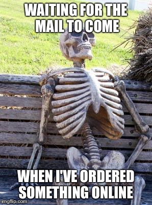 Online Shopping  | WAITING FOR THE MAIL TO COME; WHEN I'VE ORDERED SOMETHING ONLINE | image tagged in memes,waiting skeleton,mailman,shopping | made w/ Imgflip meme maker