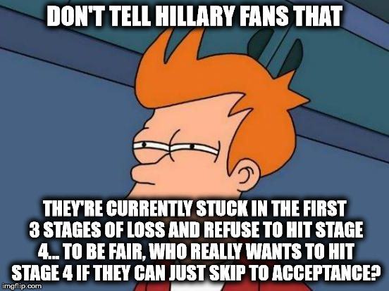 Futurama Fry Reverse | DON'T TELL HILLARY FANS THAT THEY'RE CURRENTLY STUCK IN THE FIRST 3 STAGES OF LOSS AND REFUSE TO HIT STAGE 4... TO BE FAIR, WHO REALLY WANTS | image tagged in futurama fry reverse | made w/ Imgflip meme maker